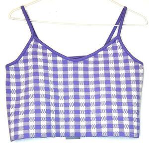 Primark Women's Knit Checkered Gingham Cropped Tank Top Purple White Large NWT